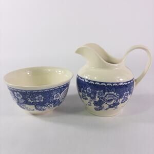 Vintage Mason's Crabtree & Evelyn Blue & White Ironstone Sugar Bowl & Creamer